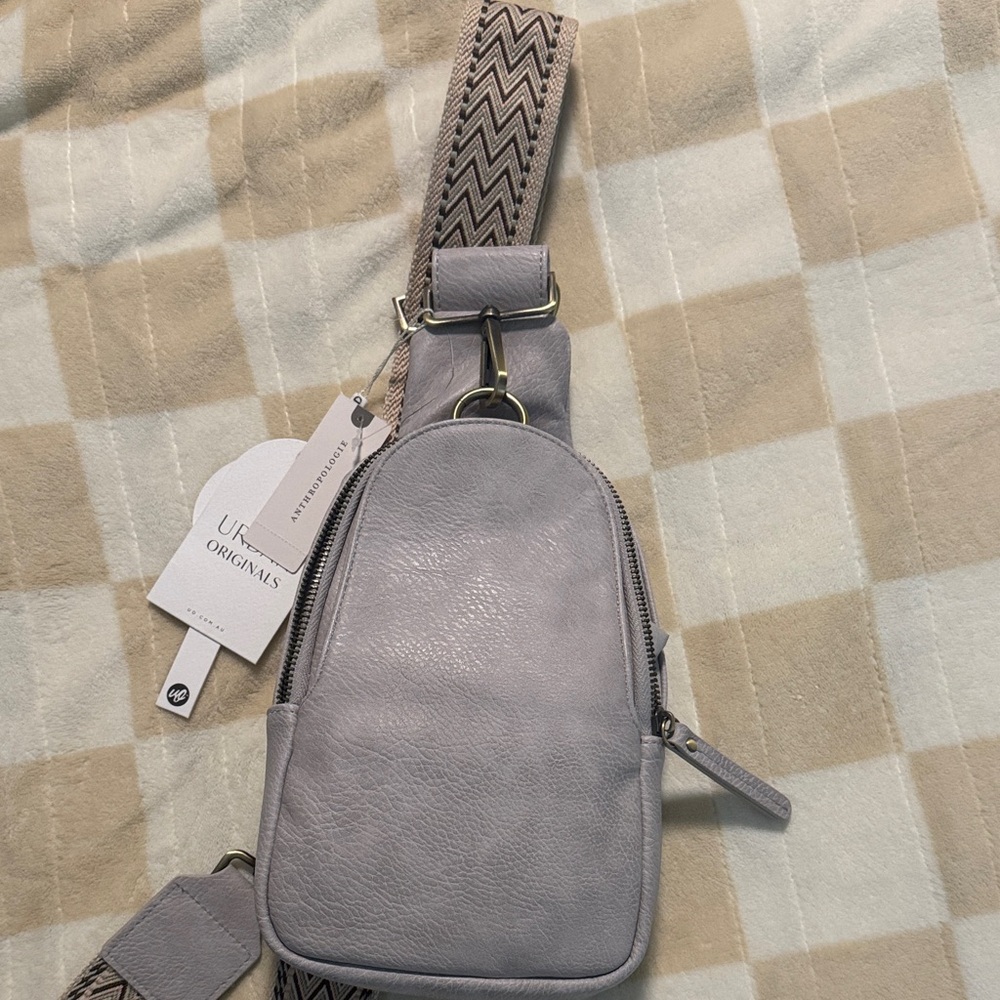 Anthropologie Light Gray Leather Crossbody Sling Bag